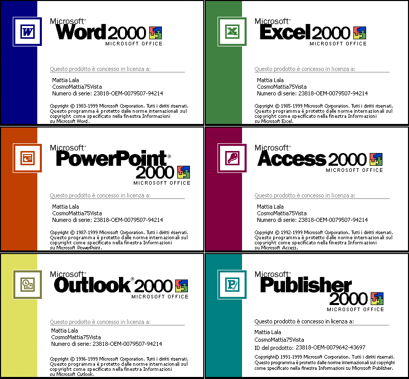 Schermate di avvio dei programmi di Office 2000.
